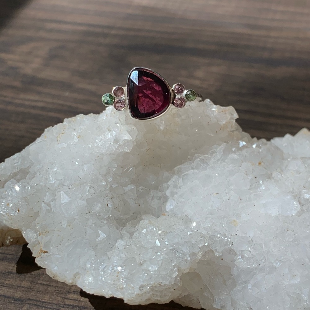 Faceted Garnet and Tourmaline Sterling Silver Burst Ring